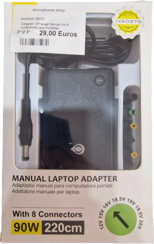 CARGADOR UNIVERSAL MANUAL CON 8 CONECTORES PARA PORTATILES , 90W/20V/4.5A MAX, CABLE 2.2M