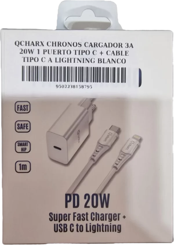 QCHARX CHRONOS CARGADOR 3A 20W 1 PUERTO TIPO C + CABLE TIPO C A LIGHTNING BLANCO
