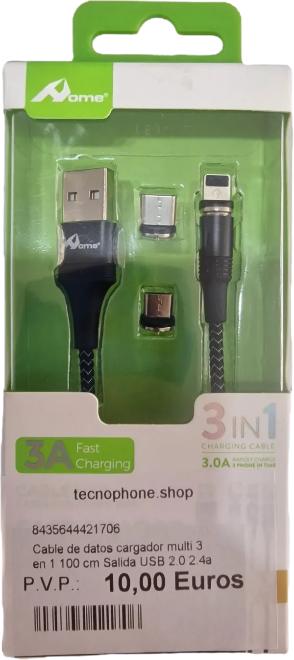CABLE DE DATOS CARGADOR MULTI 3 EN 1 100 CM SALIDA USB 2.0 2.4A (MICRO USB LIGHTNING TYPE-C) NEGRO