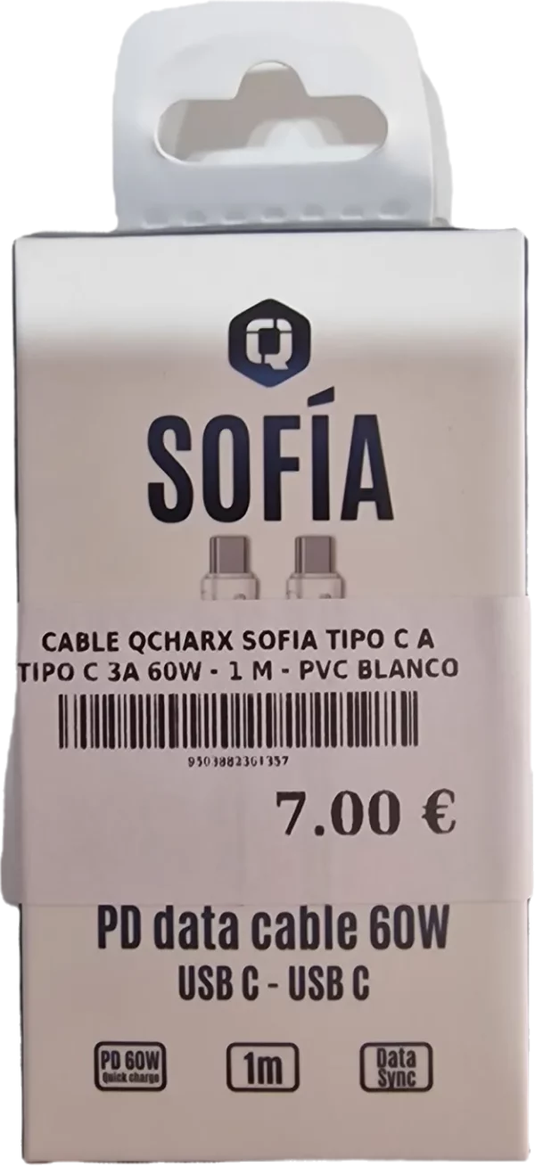 CABLE QCHARX SOFIA TIPO C A TIPO C 3A 60W – 1 M – PVC BLANCO