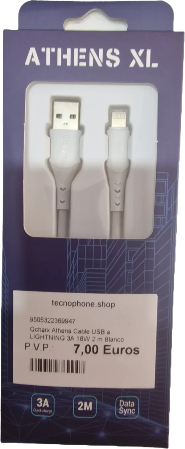 QCHARX ATHENS CABLE USB A LIGHTNING 3A 18W 2 M BLANCO