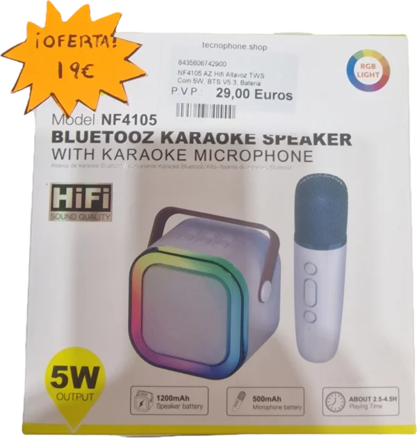 NF4105 AZ HIFI ALTAVOZ TWS COIN 5W, BTS V5.3, BATERIA 1200MAH + 500MAH MICROFONO INALAMBRICO, LUZ RG