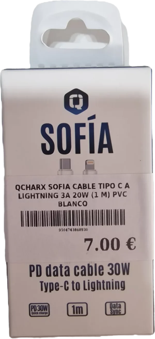 QCHARX SOFIA CABLE TIPO C A LIGHTNING 3A 20W (1 M) PVC BLANCO