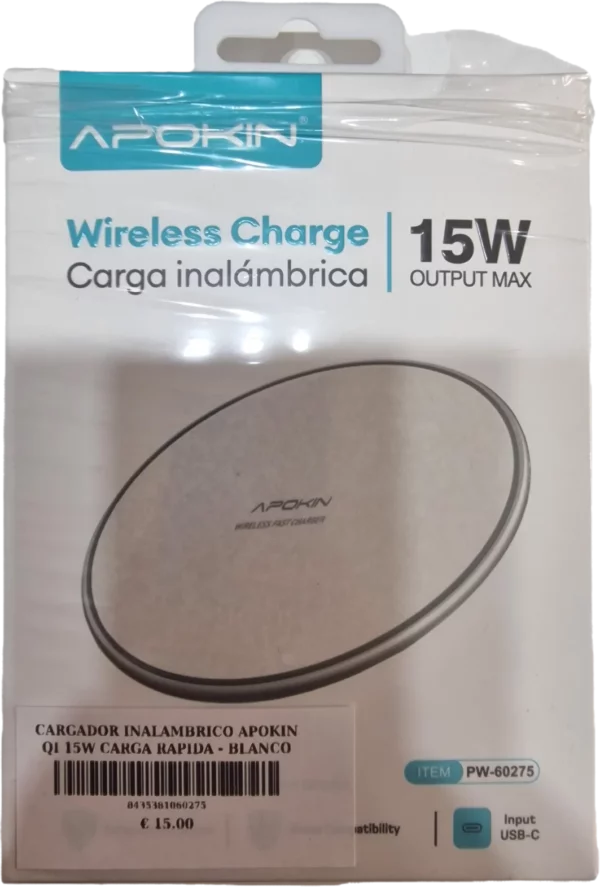 CARGADOR INALAMBRICO APOKIN QI 15W CARGA RAPIDA – BLANCO