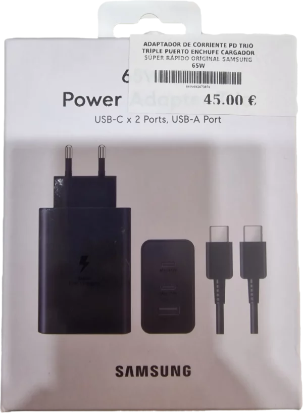 ADAPTADOR DE CORRIENTE PD TRÍO TRIPLE PUERTO ENCHUFE CARGADOR SÚPER RÁPIDO ORIGINAL SAMSUNG 65W